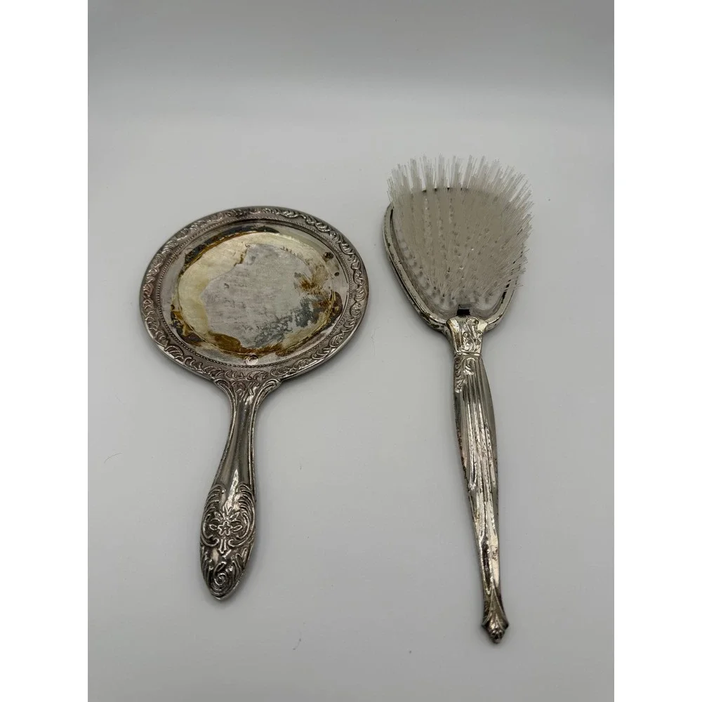 Vintage Silver Tone Repousse Hand Mirror and Brush Vanity Set Floral Lace Detail
